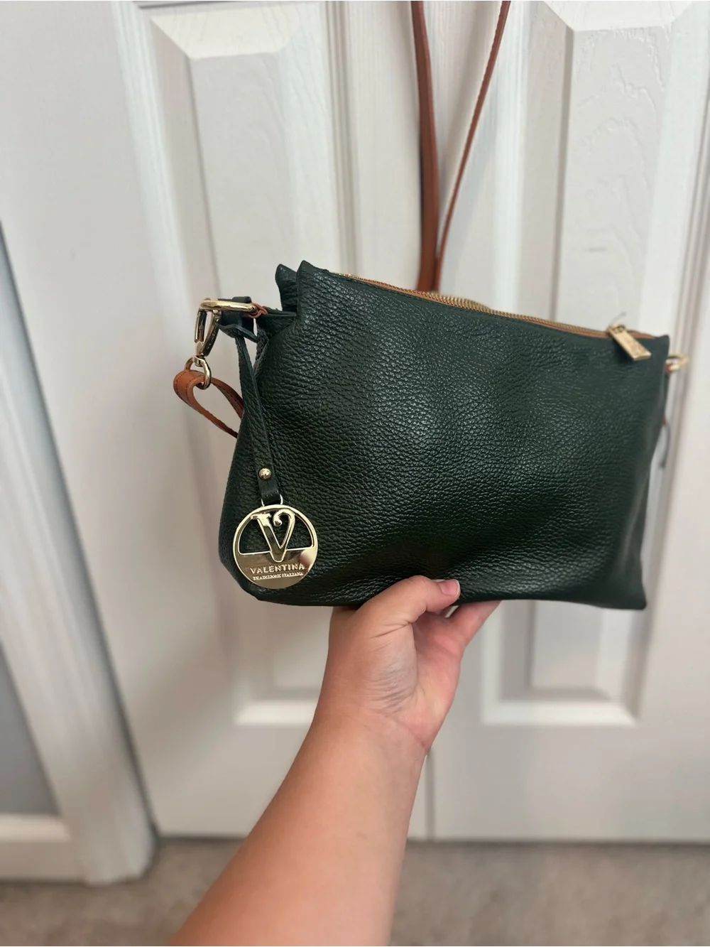 NWOT Authentic Genuine Leather Valentina Dark Green Leather Crossbody Bag